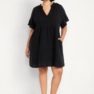 NWT Split-Neck Crinkle Gauze Mini Swing Dress - Black XL